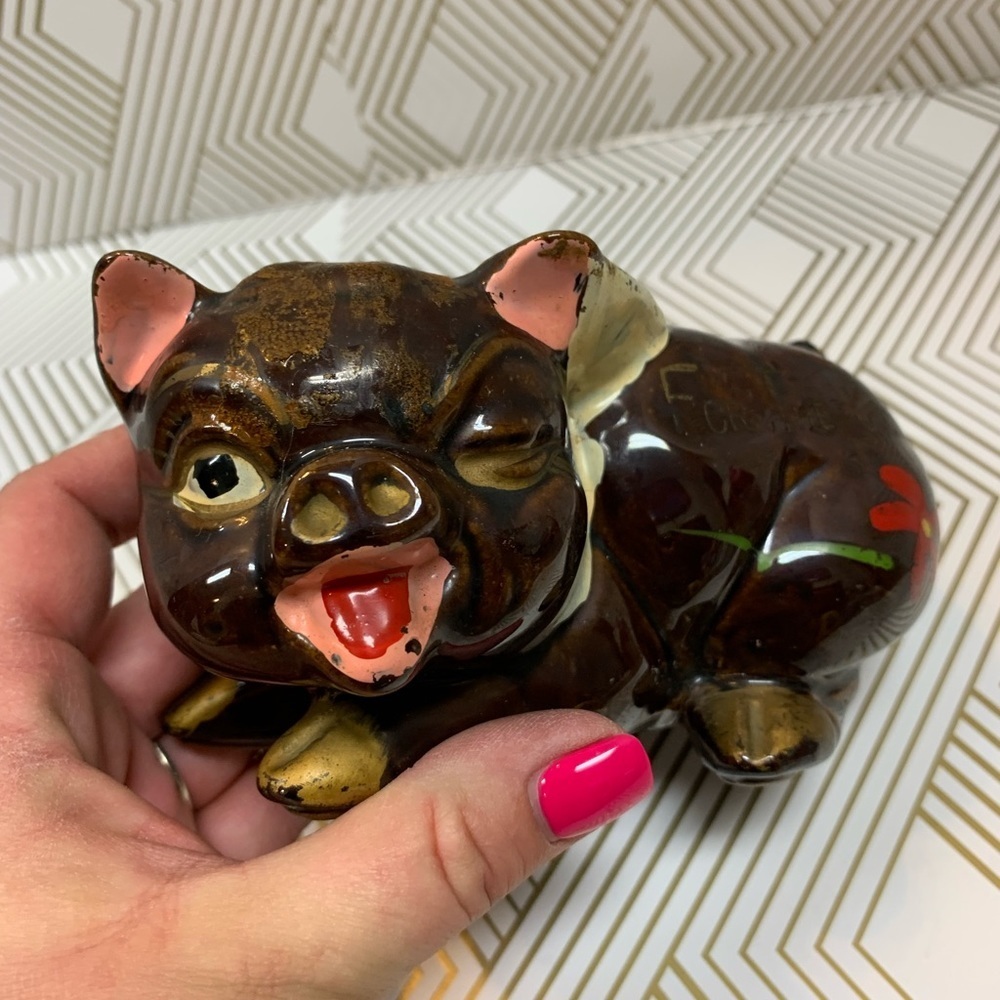 Vintage Red ware Pottery Piggy Bank Winking Eye Pig For The Cadillac